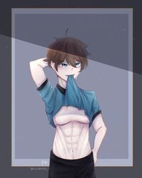 1boy abs biting_clothes blue_eyes brown_hair mcyt muscles muscular muscular_male nevingaming nyvlenns-r shirt_lift sweatdrop sweating wet wet_body ytmci