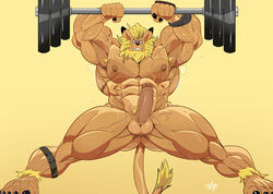 abs anthro armpit_hair ass bandai_namco barbell biceps bodily_fluids body_hair claws digimon digimon_(species) ear_piercing erection exercise felid feline genitals gym hi_res leomon lifting lion looking_at_viewer maine male male_only mammal muscular muscular_anthro muscular_male nipples pantherine pecs penis piercing solo solo_male spread_legs spreading sweat teeth thymilph vein veiny_muscles veiny_penis weightlifting workout