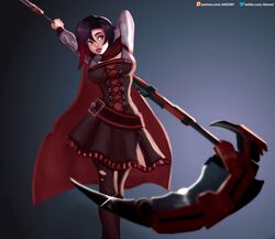 1girls akeowi arms_behind_head big_breasts black_hair breasts cape clothed clothing crescent_rose female female_focus female_only fully_clothed holding_object holding_scythe holding_weapon red_highlights ripped_stockings rooster_teeth ruby_rose rwby scythe short_hair silver_eyes skirt solo stockings tagme torn_stockings weapon