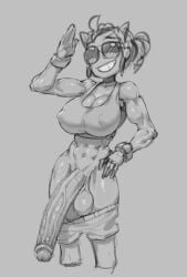 1futa balls big_balls big_breasts breasts clothed clothing demon demon_girl erection futa_only futanari helltaker huge_cock humanoid humanoid_penis justice_(helltaker) makinakid monochrome mostly_clothed muscular_futanari open_clothes open_pants penis sketch solo standing sunglasses tomboy