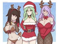 3girls alternate_costume animal_tail antler_headband bare_shoulders bell_collar belly_button belt bikini black_eyes black_hair bowtie bowtie_collar breasts brown_bikini camilla_(fire_emblem) capelet christmas christmas_outfit cianuroarts cleavage clothed clothing collar covered_navel crossover elbow_gloves female fire_emblem fire_emblem:_three_houses fire_emblem_awakening fire_emblem_fates fishnet_legwear fishnets green_eyes green_hair long_hair looking_at_viewer navel nintendo purple_eyes purple_hair red_gloves reindeer_antlers reindeer_tail rhea_(fire_emblem) santa_costume santa_hat strapless_dress strapless_leotard tharja_(fire_emblem)