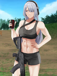 abs ak-15 ak-15_(girls'_frontline) assault_rifle bangs black_shorts black_sports_bra breasts can cleavage cola collarbone cyka drink eyebrows_visible_through_hair feet_out_of_frame female girls'_frontline gun hair_between_eyes hand_on_hip headphones headset highres holding holding_drink holding_jar jar kalashnikov_rifle long_hair looking_away medium_breasts muscular muscular_female open_mouth purple_eyes rifle shorts silver_hair sky soda soda_can solo sports_bra sportswear standing sweat target teeth tree weapon white_background