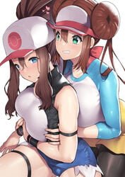 2girls alternate_breast_size arm_band bangs blue_eyes breasts brown_hair cap colored drooling game_freak green_eyes groping groping_from_behind hair_buns hat heart hilda_(pokemon) jacket jean_shorts large_breasts leggings long_hair nagase_haruhito nintendo pokemon pokemon_bw pokemon_bw2 rosa_(pokemon) shorts skirt t-shirt tagme thick_thighs thigh_band thighs tight_clothing twintails visor_cap wrist_band yuri