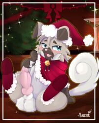 animal_genitalia animal_penis balls blush canid canine canine_penis canis clothing feral festive fur furry furry_only genitals hi_res knot legwear male male_only mammal nintendo penis pixelyteskunk pokémon_(species) pokemon rockruff sitting solo stockings tail video_games