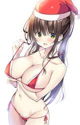 areola_slip areolae arm_under_breasts bangs bare_arms bikini blunt_bangs blush breasts brown_hair cleavage collarbone commentary_request eyebrows_visible_through_hair female female gochuumon_wa_usagi_desu_ka? green_eyes hair_ornament hat highres kurou_(quadruple_zero) large_breasts long_hair looking_at_viewer micro_bikini navel open_mouth red_bikini santa_bikini santa_hat side-tie_bikini simple_background smile solo stomach swimsuit ujimatsu_chiya underboob white_background