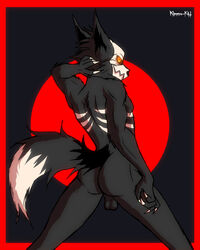 anthro ass backsack balls big_tail black_body black_fur cadaver_(skulldog) canid canine canis claws demon fluffy fluffy_tail fur genitals glowing glowing_eyes hair hand_behind_head hi_res kimero_kat looking_at_viewer male mammal nude pinup pose skulldog_(species) solo spread_legs spreading wolf yellow_eyes