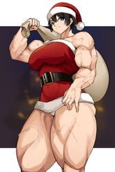 bare_shoulders belt big_muscles black_hair blue_eyes breasts busty christmas christmas_hat christmas_outfit female hat large_breasts looking_at_viewer looking_down muscles musctonk muscular_female muscular_thighs non-nude smile solo thick_thighs veins veiny_muscles