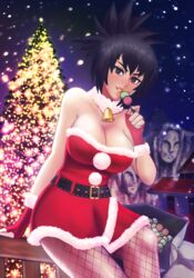 1girls arm_support bag bare_shoulders bell bell_collar belt big_breasts breasts brown_eyes busty christmas cleavage dango dress female female_only fingerless_gloves fishnet_legwear fishnet_stockings fishnets food fur_trim gift gloves huge_breasts long_hair looking_at_viewer mikeonhighway61 mitarashi_anko naruto naruto_(series) naruto_shippuden night no_bra outdoors parted_lips ponytail purple_hair railing revealing_clothes sack santa_costume santa_hat shiny shiny_hair shiny_skin sitting snowing solo solo_focus stockings tied_hair