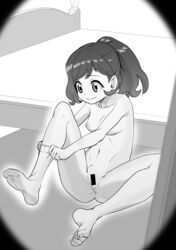 absurdres anus bangs bar_censor barefoot bed breasts censored closed_mouth collarbone commentary dressing elaine_(pokemon) eyelashes female highres indoors knees long_hair makino_harumaki navel nipples nude pokemon pokemon_(game) pokemon_lgpe ponytail pussy shiny shiny_hair smile socks solo split_mouth toes