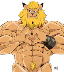 abs anthro bandai_namco biceps claws digimon digimon_(species) ear_piercing felid feline genitals heart hi_res leomon lion looking_at_viewer male male_only mammal muscular muscular_anthro muscular_male pantherine pecs penis piercing scar smile solo thymilph vein veiny_penis