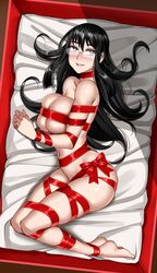 1girls analogue:_a_hate_story big_breasts breasts christmas female female_only femsub hyun-ae large_breasts original red_ribbon restrained ribbon_bondage solo twrlare