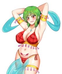 amber_eyes armlet arms_behind_head belly_dancer belly_dancer_outfit bikini blush dancer dancer_outfit dancing femsub green_hair harem_girl harem_outfit huge_breasts jewelry loincloth long_hair necklace plaid_bra pubic_tattoo puck100ml submissive_female touhou veil voluptuous yuka_kazami