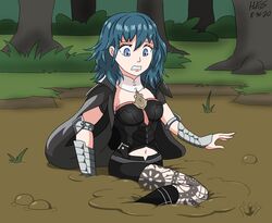 1girls byleth_(fire_emblem) byleth_(fire_emblem)_(female) clothed clothing female fetish fire_emblem fire_emblem:_three_houses hefess leggings mud nintendo quicksand shorts sinking solo teal_hair