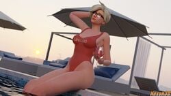 16:9 3d angela_ziegler blizzard_entertainment closed_eyes glasses lifeguard_mercy lowres mercy nexoh3d nipples_visible_through_clothing nude overwatch pool solo translucent_clothing wine_glass