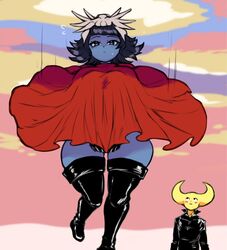 alien alien_girl black_hair blue_skin blush boots breast_outline breasts bug bug_girl covering covering_crotch embarrassed falling female female_focus hylics jojoniumart male o_o poncho somsnosa_(hylics) sweat sweatdrop thick thick_thighs wayne_(hylics) wide_hips wide_thighs