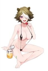 arknights bear_ears beehunter_(arknights) bikini breasts brown_hair fangs feet female food hair_over_one_eye honey open_mouth purple_eyes short_hair simple_background sitting smile strawberry swimsuit