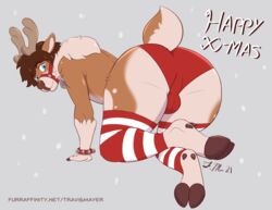 absurd_res anthro antlers ass balls bell brown_nose capreoline cervid cervine clothing english_text fur furry furry_only genitals girly hair harness hi_res horn legwear looking_at_viewer looking_back male male_only mammal panties presenting presenting_ass presenting_butt presenting_hindquarters reindeer simple_background smile snow solo stockings tail text travis_mayer underwear