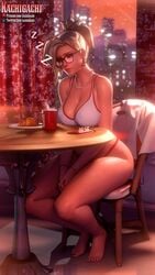 1girls 3d artist_name big_breasts blonde_hair blue_eyes bra breasts breasts_on_table chair cleavage croissant ear_piercing female female_only glasses jewelry kachigachi lowres mercy mug necklace nipple_bulge overwatch painted_nails panties patreon_username plate sitting smartphone table tired twitter_username