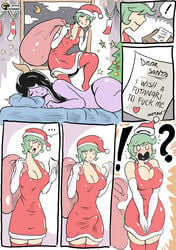 1futa 1girls black_hair christmas christmas_clothing clavir_(character) clothed clothing comic comic_strip demon_girl demon_horns dick dickgirl erection erection_under_clothes female fully_clothed futanari green_hair human humanoid light-skinned_futanari light_skin long_hair mayrah_(character) merry_christmas nude oc original pale-skinned_female pale-skinned_futanari pale_skin penis purple_skin short_hair sleeping smile standing tuteheavy zzz