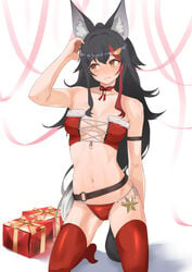 1girls 3: absurdres animal_ear_fluff animal_ears arm_strap arm_up armpits bare_arms bare_shoulders bikini black_hair blush bow bowtie box breasts christmas cleavage closed_mouth collarbone embarrassed female frown full_body fur-trimmed_bikini fur_trim gift gift_box highres hololive hololive_gamers hololive_japan kneehighs kneeling light-skinned_female light_skin long_hair looking_away looking_to_the_side medium_breasts micon multicolored_hair ookami_mio red_bikini red_bow red_bowtie red_hair red_legwear santa_bikini side-tie_bikini sidelocks simple_background solo strapless strapless_bikini streaked_hair swimsuit tail thighhighs two-tone_hair virtual_youtuber white_background wolf_ears wolf_girl wolf_tail yellow_eyes