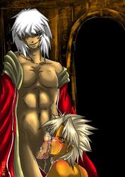 2boys blonde_hair blush cum cum_on_boy dark_skin facial male multiple_boys muscle oral penis thief_king_bakura touzokuou_bakura yami_marik yaoi yu-gi-oh! yuu-gi-ou_duel_monsters