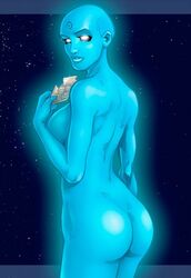 ass bald breasts canon_costume casual closed_mouth color dc_comics doctor_manhattan female female_only glowing_skin holding humanoid nude nudist open_eyes round_ears rule_63 side_view solo space standing tagme watchmen white_eyes