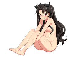 black_hair blush brown_hair completely_nude dark_hair earrings fate/grand_order fate_(series) female female_only gold_jewelry hairbow ishtar_(fate) long_hair looking_at_viewer medium_breasts nude pregnant red_eyes shin'ya_(shin'yanchi) sitting smile solo twintails type-moon wavy_hair white_background