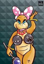 anthro blue_eyes bow bracelet breasts chain_chomp claws eyelashes eyeshadow female koopa koopalings lips lipstick looking_at_viewer mario_(series) necklace nintendo pearl_necklace polka_dots pussy shell smooth_skin super_mario_bros. tvma wand wendy_o._koopa