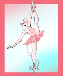 angelina_ballerina angelina_mouseling anthro ballerina ballet barely_visible_genitalia blue_eyes bow furry hand_on_leg leg_lift leg_up long_legs long_tail looking_at_viewer outstretched_arm pink_fur raptorsr rodent see-through_clothing short_skirt tiptoes vertical_splits