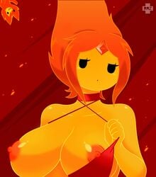 1girls adventure_time areola black_eyes breasts breasts_out busty choker cleavage erect_nipples female fiery_hair fire_elemental fire_hair flame_princess large_breasts nipples orange_hair parted_lips razplus solo_focus strap_pull voluptuous yellow_skin