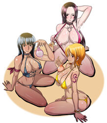 3girls ass bikini black_hair blush boa_hancock breasts brown_eyes bukkake butcha-u cameltoe condom eroquis female female_only filled_condom kneeling multiple_girls nami nico_robin nipples one_piece orange_hair pre-timeskip pretzel_bikini sitting straight_hair suntan tan tanlines tenryuubito_mark