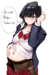 1girls black_eyes black_hair blush english_text female female_only hand_on_belly komi-san_wa_komyushou_desu komi_shouko light-skinned_female light_skin long_hair long_sleeves mamimi_(mamamimi) maternity_pantyhose no_bra open_shirt panties pantyhose partially_undressed pregnant school_uniform schoolgirl solo speech_bubble straining_buttons unbuttoned_shirt white_panties