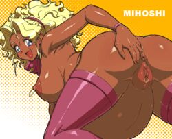 1girls aliasing all_fours arm_support ass blonde_eyebrows blonde_hair blue_eyes blushing breasts censored clitoral_hood clitoral_piercing cute_fang dark-skinned_female dark_skin eyelashes female female_only hair_ribbon halftone_background hand_on_ass hoop_rings long_hair looking_at_viewer looking_back mascara mihoshi_kuramitsu mosaic_censoring nipple_piercing nipple_ring oekaki on_knees open_smile plump_labia plump_vulva pregnant puffy_pussy pussy_blush ready_to_pop shiny_skin sideboob solo tenchi_muyo! tenseiani tied_hair two_tone_background wavy_hair