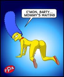 all_fours ass back_view blue_hair breasts color curly_hair dialog english_text exposed_breasts eyes female female_only fpa hair human long_hair looking_back marge_simpson necklace open_eyes pearl_necklace shoes skin solo speech_bubble text the_simpsons vulva yellow_skin