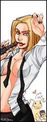 1girls 5_fingers agent_l alien artist_name big_breasts black_eyes black_nail_polish black_nails blonde blonde_hair blue_eyes bob_cut breasts busty cleavage clothed clothing coffee color colored colored_nails covered_nipples cup dialogue dress_shirt english english_text female female_focus hair heart holding holding_object human large_breasts laurel_weaver lipstick long_sleeves looking_at_viewer makeup medium_hair men_in_black midriff nail_polish necktie no_bra no_underwear open_clothes open_shirt painted_nails pose raised_eyebrow red_lips red_lipstick shirt signature skirt smile smiling standing text tie turynn unbuttoned unbuttoned_shirt uncensored white_background worm_guy yellow_hair yellow_skin