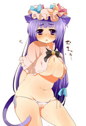 animal_ears arms_behind_back breasts cat_ears cat_tail crescent crescent_moon female kemonomimi_mode long_hair mound_of_venus naka_marimo navel open_clothes open_shirt patchouli_knowledge plump purple_eyes purple_hair shirt tail touhou uncensored underboob very_long_hair