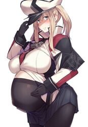 1girls ass belly big_breasts black_gloves blonde_hair blue_eyes blush female female_only gloves graf_zeppelin_(kantai_collection) hand_on_belly highres huge_belly kantai_collection kuronyan long_sleeves maternity_pantyhose military_hat military_uniform navel open_shirt pantyhose pleated_skirt pregnant pubic_hair ready_to_pop shiny_skin solo sweatdrop twintails