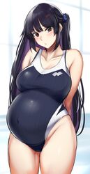 arms_behind_back bangs big_breasts black_hair blush brown_eyes female female_only hairclip kusahagane long_hair looking_at_viewer mole_under_eye one-piece_swimsuit original ponytail pregnant scrunchie side_ponytail solo swimsuit very_long_hair wide_hips