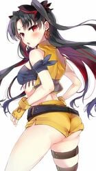 ass bangs bare_shoulders belt black_belt black_hair blush breasts brown_belt clothing earrings eyebrows_visible_through_hair fate/grand_order fate_(series) female female fingerless_gloves gloves hair_ornament high_resolution hoop_earrings ishtar_(fate) jewelry leg_belt long_hair looking_at_viewer looking_to_the_side medium_breasts multicolored_hair open_clothes open_mouth open_vest parted_bangs red_eyes red_hair short_shorts shorts simple_background skindentation solo space_ishtar_(fate) sweat tomozero two-tone_hair two_side_up very_long_hair vest white_background yellow_gloves yellow_shorts yellow_vest