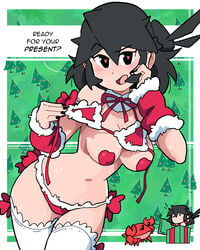 black_eyes black_hair blush bra bra_pull breasts christmas christmas_outfit crab english_text flirting heart-shaped_pupils looking_at_viewer lucia_(scott_malin) navel panties pasties red_bra red_panties red_pasties scott_malin side-tie_panties standing sweat sweatdrop tagme text the_panty_bear thighhighs