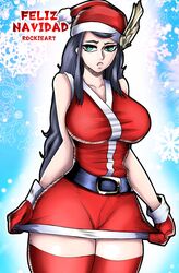 blue_hair breasts brunhild_(shuumatsu_no_valkyrie) christmas christmas_hat christmas_outfit female female_focus female_only gloves green_eyes hair_ornament long_hair long_skirt red_gloves rockie_art shuumatsu_no_valkyrie skirt spanish_text tagme thighs thighs_together tight tight_clothing