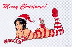 1girls ass batman_(series) big_ass big_butt black_hair blank_background breasts brown_eyes candy_cane cassandra_cain chibi choker christmas christmas_clothing christmas_outfit cleavage clothed color colored conner_kent dc_comics female female_only festive gloves kon-el leg_lift leggings mostly_nude pink_lipstick pinup plushie santa_hat scar scars short_hair sketchatron smile solo sunglasses superboy superman_(series)