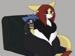 anthro big_breasts braixen dewwy(dewwydartz) dewwydartz female furry game_freak maddie(dewwydartz) male nintendo pokémon_(species) pokemon pokemon_(species) riolu sitting_on_lap tagme