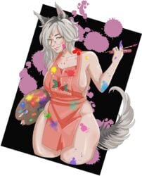 anthro anthromorph apron apron_only art artist christmas fearingfenris happy_holidays holidays merry_christmas messy nearly_naked_apron paint paintbrush painted painter pinup solo solo_female splatter wolf wolf_ears wolf_tail wolves