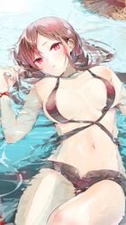 bare_shoulders breasts brown_hair cleavage cowboy_shot ear_piercing fate/grand_order fate_(series) female hair_between_eyes high_resolution looking_at_viewer medium_breasts midriff navel open_fly piercing red_eyes short_shorts shorts sleeveless solo stomach tagme tomozero unzipped vampire water yu_miaoyi_(fate)