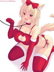 animal_ears ass blonde_hair blush bow bra breasts cat_lingerie christmas christmas_outfit cleavage gloves hairbow kneeling large_breasts leash looking_at_viewer no_shoes original panties paw_pose red_bra red_eyes red_panties side-tie_panties tagme tail thighhighs thighs tiffy tiffynyaa tongue tongue_out