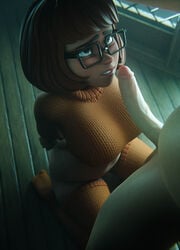 1boy 1girls 3d 3d_(artwork) arms_behind_back bangs bob_cut brown_hair dubious_consent erection faceless_male female female_focus femsub glasses imminent_oral kneeling male moonlight nagoonimation on_knees penis scooby-doo short_hair solo_focus straight submissive submissive_female tagme thighhighs velma_dinkley warner_brothers