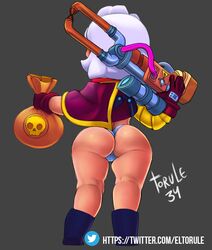 1girls ass ass ass_focus back bag bandit bare_thighs belle_(brawl_stars) big_ass big_butt bottomless brawl_stars clothed clothing female female female_focus female_only from_behind full_body gilf gold gun half-dressed light-skinned_female light_skin mature_female milf old old_woman panties partially_clothed poncho prosthetic prosthetic_arm rear_view simple_background solo solo_female solo_focus standing supercell torule34 weapon white_hair white_panties