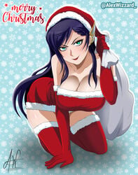 alex_wizzard blue_hair breasts brunhild_(shuumatsu_no_valkyrie) christmas christmas_hat christmas_outfit female female_focus female_only gloves green_eyes hair_ornament kneeling long_gloves long_hair long_skirt neckline pose red_gloves santa_costume santa_hat seductive seductive_pose seductive_smile shuumatsu_no_valkyrie skirt smile smiling smiling_at_viewer snowflake_background tagme thighs thighs_together tight tight_clothing