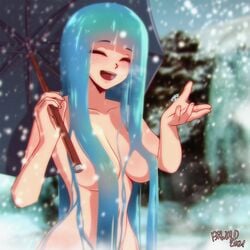 arwald breasts casual closed_eyes female humanoid kelda_(akairiot) nudist open_mouth outdoors outside pale_skin solo tagme topless water_hair